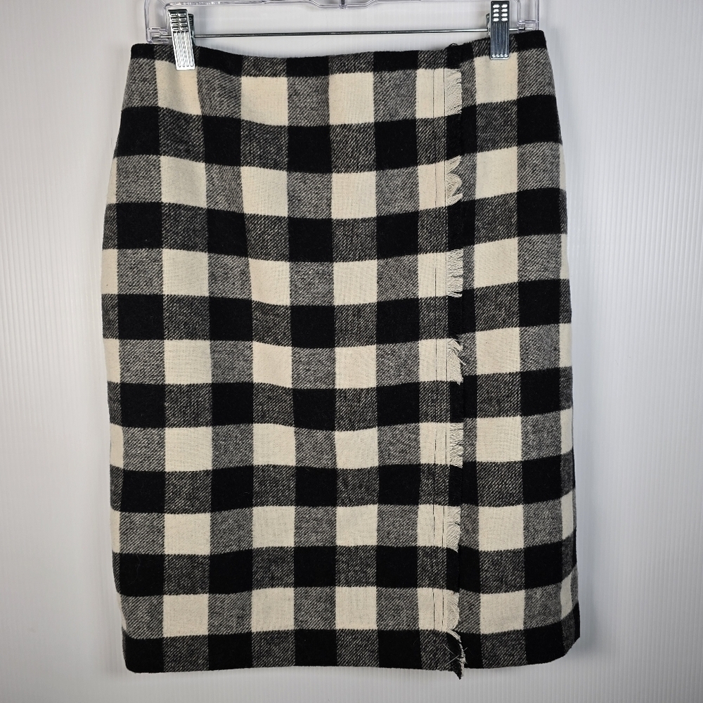 Talbots Womens Buffalo Plaid Pencil Skirt Wool Blend Fringe Black & White Size 6
